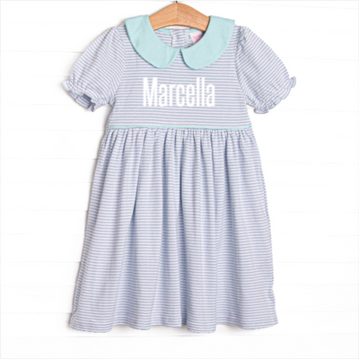 Marcella Puff Sleeve Pima Dress, Mint and Light Blue Stripe
