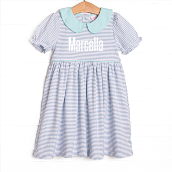 Marcella Puff Sleeve Pima Dress, Mint and Light Blue Stripe