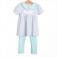 Marcella Puff Sleeve Pima Legging Set, Mint and Light Blue Stripe