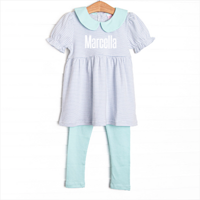 Marcella Puff Sleeve Pima Legging Set, Mint and Light Blue Stripe