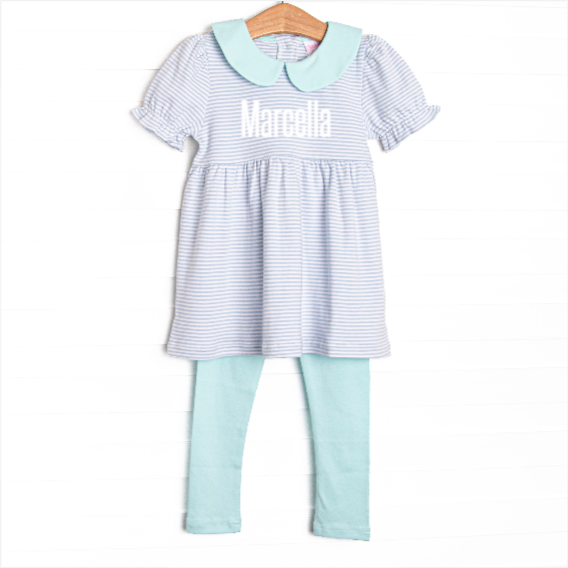 Marcella Puff Sleeve Pima Legging Set, Mint and Light Blue Stripe