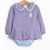 Margaret Long Sleeve Collared Diaper Set, Light Blue and Purple Stripe
