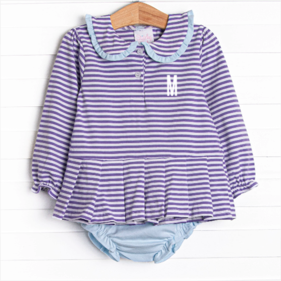 Margaret Long Sleeve Collared Diaper Set, Light Blue and Purple Stripe