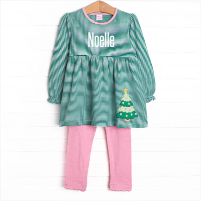 O' Christmas Tree Applique Legging Set, Green