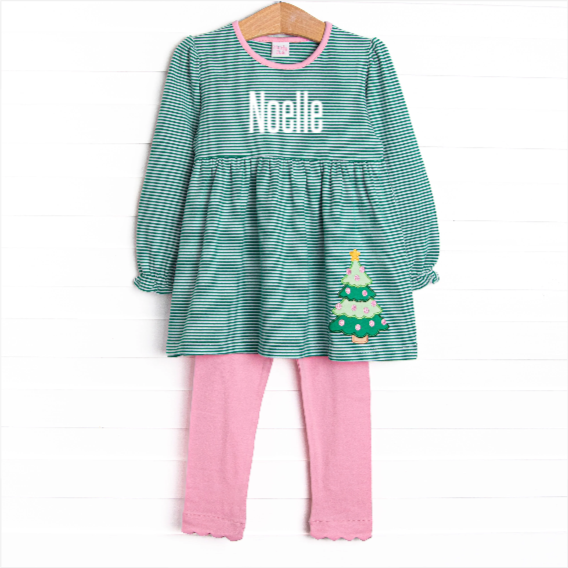 O' Christmas Tree Applique Legging Set, Green