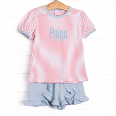 Paige Pima Ruffle Short Set, Light Blue and Pink Stripe