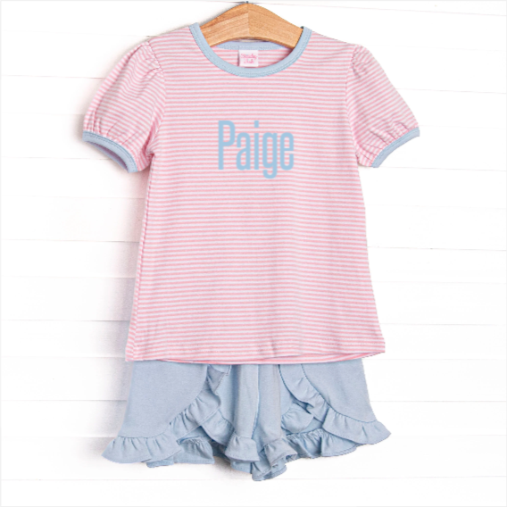 Paige Pima Ruffle Short Set, Light Blue and Pink Stripe