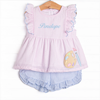 Painter's Palette Applique Short Set, Pink Seersucker