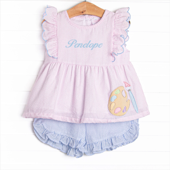 Painter's Palette Applique Short Set, Pink Seersucker
