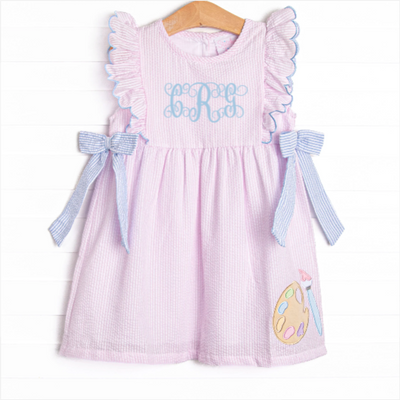Painter's Palette Applique Side Tie Dress, Pink Seersucker