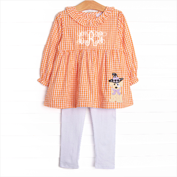 Paranormal Pup Applique Legging Set, Orange