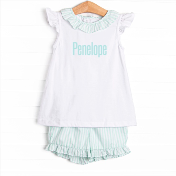 Pastel Pinstripe Ruffle Short Set, Green