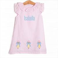 Pencil Me In Applique Dress, Pink Seersucker
