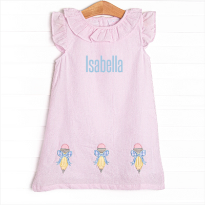 Pencil Me In Applique Dress, Pink Seersucker