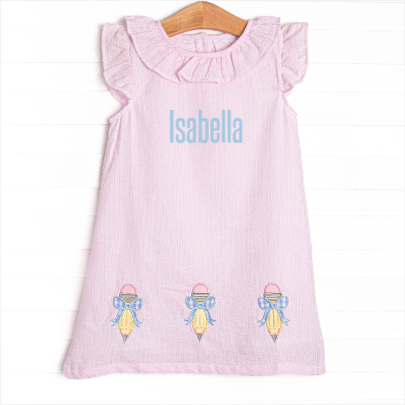 Pencil Me In Applique Dress, Pink Seersucker