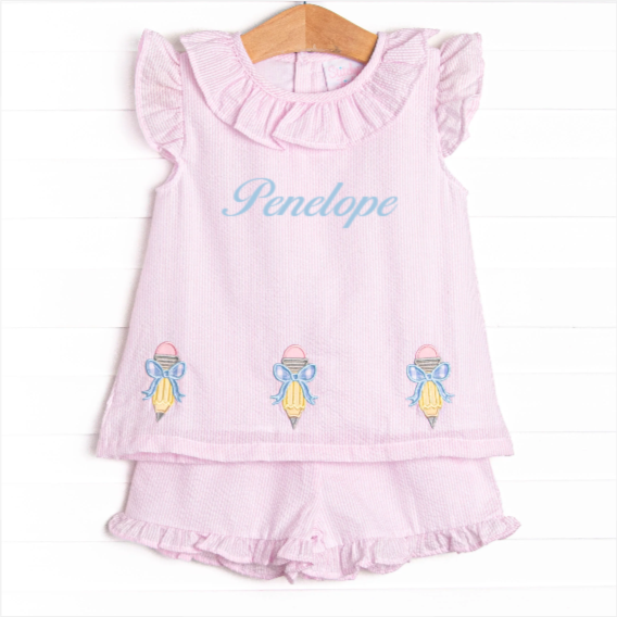 Pencil Me In Applique Ruffle Short Set, Pink Seersucker