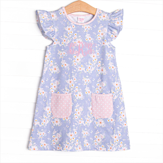 Periwinkle Petals Pocket Flutter Sleeve Dress, Purple