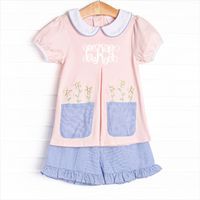 Pocket Petals Embroidered Ruffle Short Set, Pink