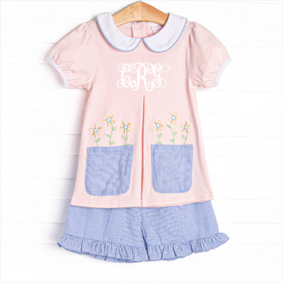 Pocket Petals Embroidered Ruffle Short Set, Pink