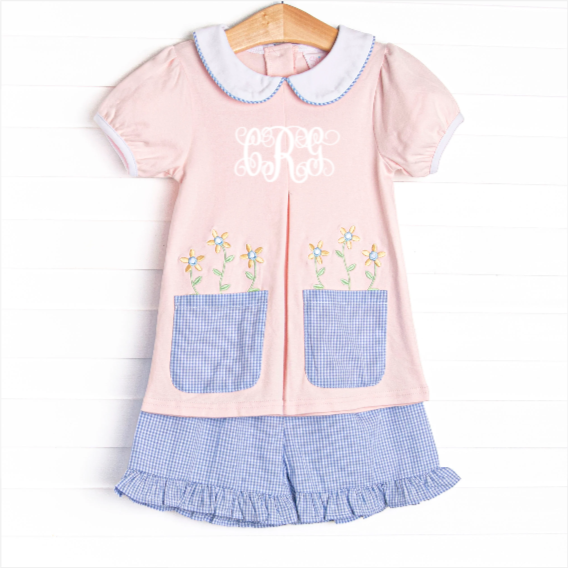 Pocket Petals Embroidered Ruffle Short Set, Pink