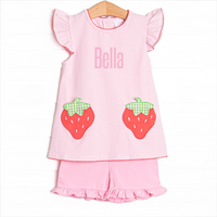 Pocketful of Berries Applique Ruffle Short Set, Pink