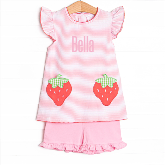 Pocketful of Berries Applique Ruffle Short Set, Pink
