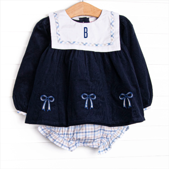 Poised Plaid Bows Applique Diaper Set, Blue