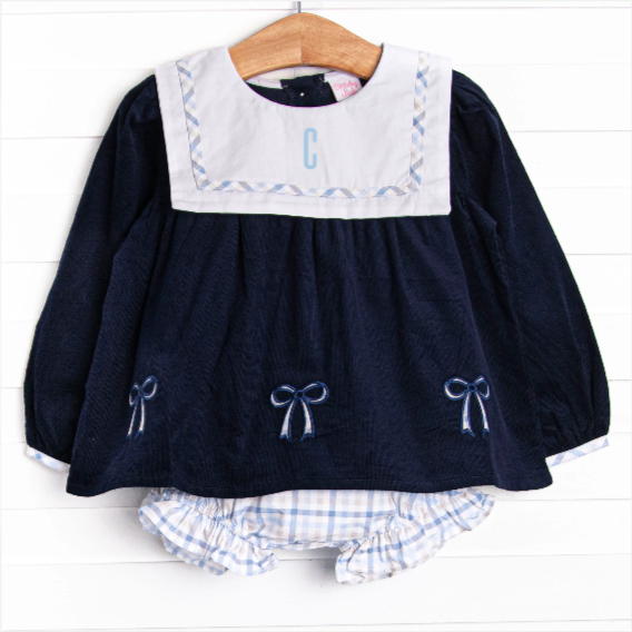 Poised Plaid Bows Applique Diaper Set, Blue