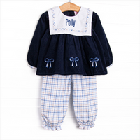 Poised Plaid Bows Applique Pant Set, Blue