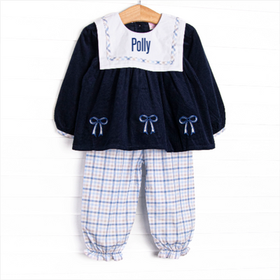 Poised Plaid Bows Applique Pant Set, Blue