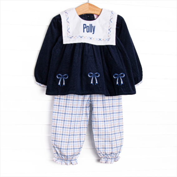 Poised Plaid Bows Applique Pant Set, Blue