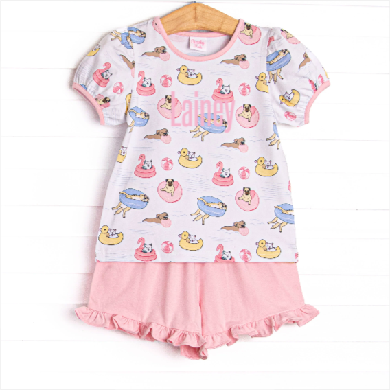 Pool Day Pooch Ruffle Short Set, Pink