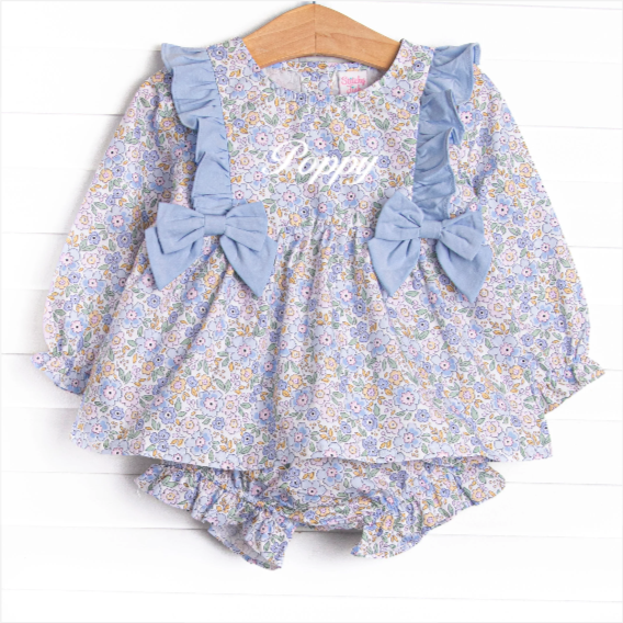 Poppy Fields Bow Diaper Set, Blue