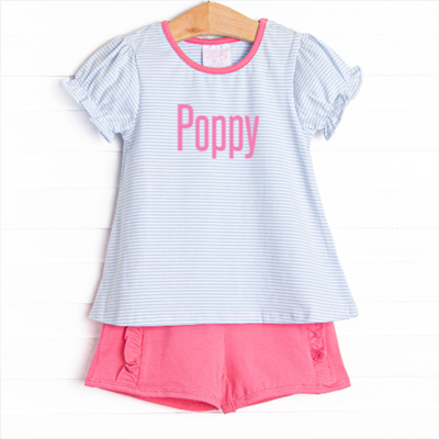 Poppy Ruffle Short Set, Pink and Blue Stripe