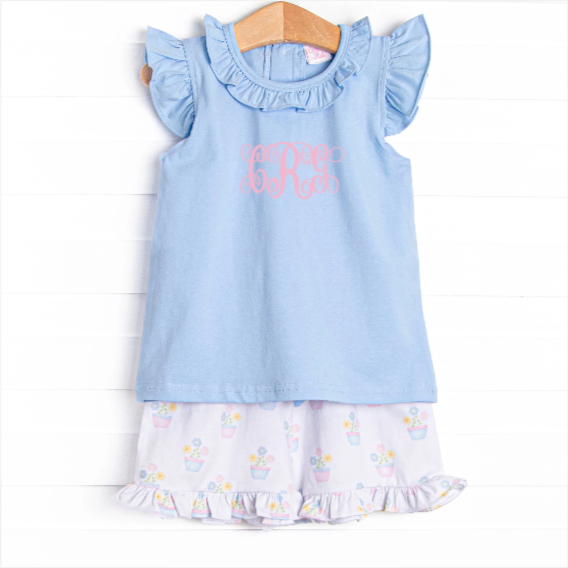 Potted Petals Ruffle Short Set, Blue