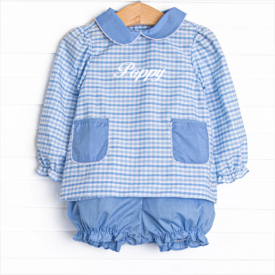 Powder Blue Plaid Pocket Bloomer Set, Blue
