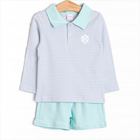 Preston Long Sleeve Pima Polo Short Set, Mint and Light Blue Stripe