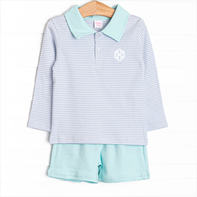 Preston Long Sleeve Pima Polo Short Set, Mint and Light Blue Stripe