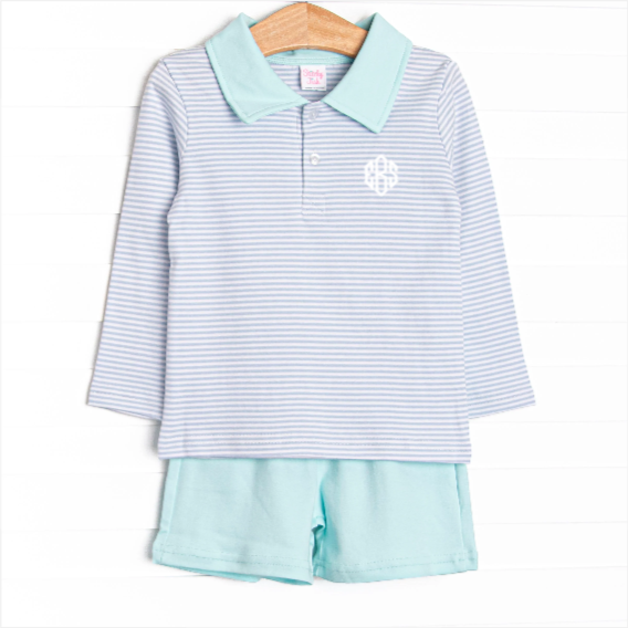 Preston Long Sleeve Pima Polo Short Set, Mint and Light Blue Stripe