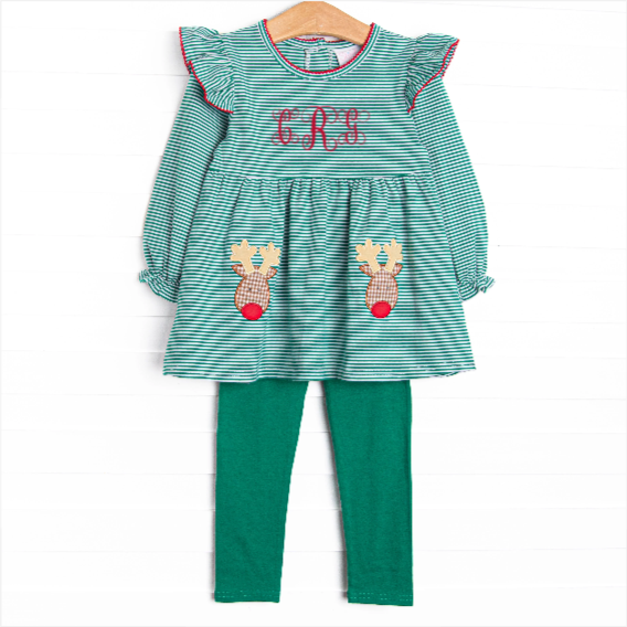 Red Nose Reindeer Applique Legging Set, Green