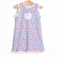 Red, White and Bloom Scalloped Dress, Blue