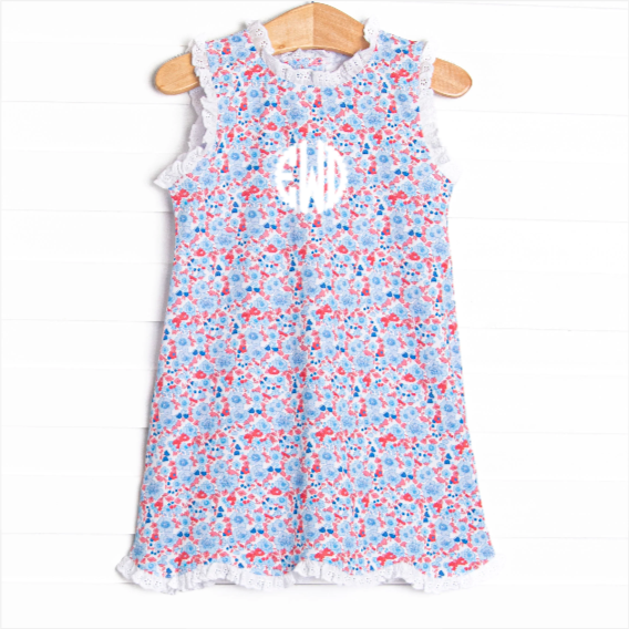 Red, White and Bloom Scalloped Dress, Blue