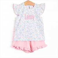 Rosette Blooms Ruffle Short Set, Blue