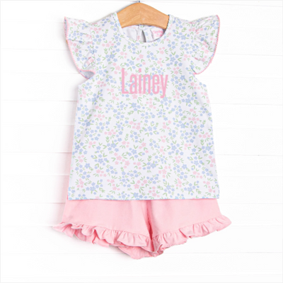 Rosette Blooms Ruffle Short Set, Blue