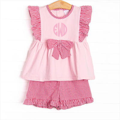 Rosey Red Bow Ruffle Short Set, Pink
