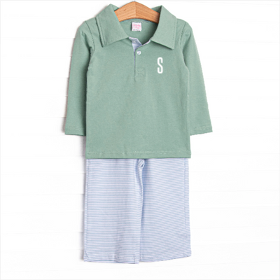 Sage and Stripes Polo Pant Set, Green