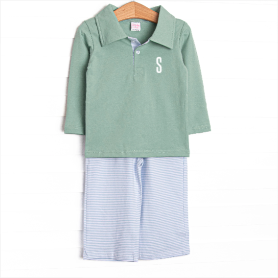 Sage and Stripes Polo Pant Set, Green