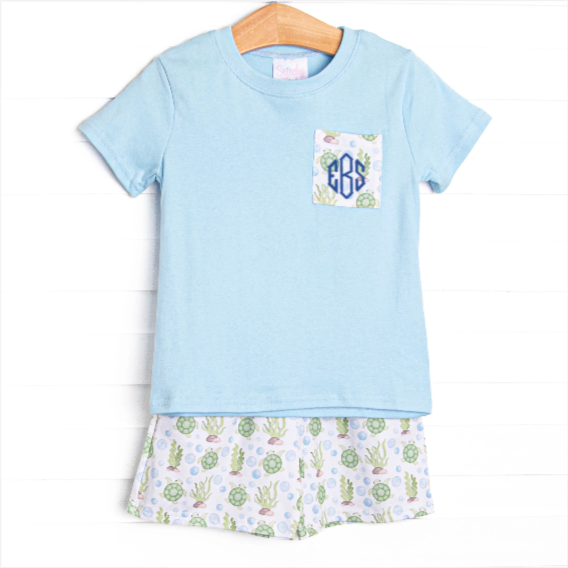 Sandy Sea Turtle Short Set, Blue