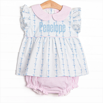 Satin Ribbon Seersucker Diaper Set, Blue