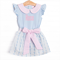 Satin Ribbon Seersucker Skirt Set, Blue